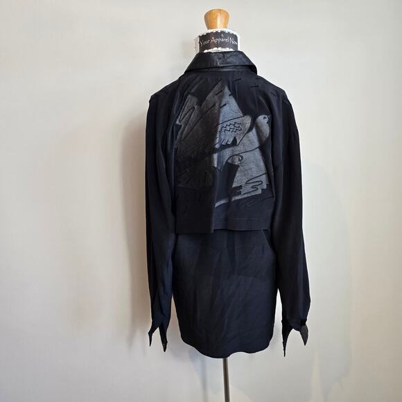 Vintage BOK HAUTE COUTURE Black Button Down Blouse Leather Trim (741) - Picture 8 of 16